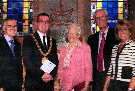 Belfast Bible College Prinicpal, Rev Dr JN lan Dickson; the Lord 
		Mayor of Belfast Councillor Niall 0 Donnghaile; Dr Helen Roseveare; Mr 
		Peter Martin, Chair of the BBC Board; Mrs Margaret Martin.