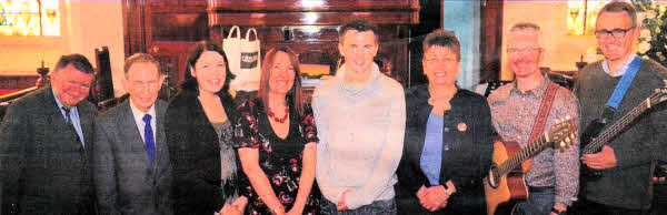 At the Lisburn Downtown Centre Service in First Lisburn are L to R: Irvine McCabe and James Mitchell (Downtown Members), Jen Simpson (Co-ordinator of Youth Ministries), Sharon Bentham (Lisburn Downtown Centre Co-ordinator), Andrew McCormick, Evelyn Whyte (Deaconess) and Jonny McGeown and Richard McNeight (First Lisburn Praise Band).