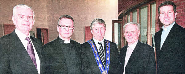 David McCleery, clerk of session; Rev Robert Love, moderator of South Belfast; deputy mayor Brian Harding; Rt Rev Norman Hamilton, moderator of the General Assembly, and Rev Grant Connor, minister; getting ready for the opening and dedication of the new Dunmurry Presbyterian Church. US0811-523cd