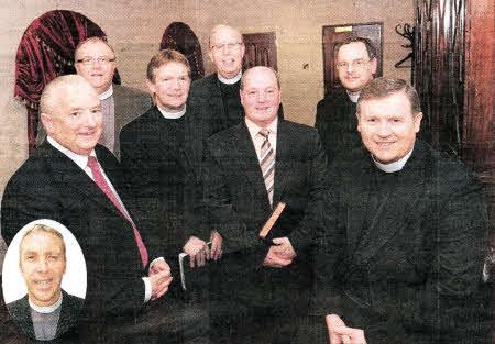 At the Rally in Hillsborough Free Presbyterian Church last Friday evening are L to R: (front row) guest speaker Dr Stanley Barnes (Retired minister of Hillsborough), Rev Cairin Salt (Aghalee), Rev Thomas Martin (Lisburn) and Rev Gary Goodes (Hillsborough). Back row: Rev Trevor Baxter (Ballynahinch), Dr Fred Greenfield (Dunmurry) and Rev Gordon Dane (Crossgar)- Included (inset) is the Rev Ian Kenny (Dromore).