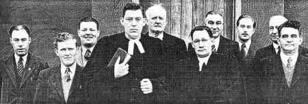 Pictured in Crossgar on 17th March 1951 at the opening of the first Free Presbyterian Church of Ulster are L to R: Jack Gibson, George Hutton, Cecil Harvey, Rev Dr lan Paisley, William Emerson, Rev George Stears (Minister Pro tem), James Morrison, George K Gibson, William Miscampbell and Hugh James Adams.