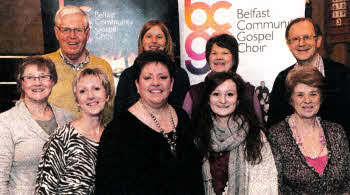 At Belfast Community Gospel Choir Christmas Concert are Lisburn Cathedral parishioners L to R: (front row) Lily Johnston, Evelyn McCune, Marie Lacey, Lauren Elliott and Elva Stevenson. (back row) Alan Johnston, Lucy Byrden, Helen Getgood and Tom Stevenson.