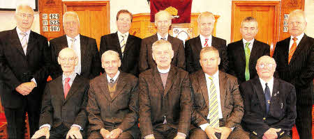 Rev Tom Harte, who is retiring after nine years as minister of Trinity Presbyterian Church, Boardmills, with members of the Kirk Session. US2111-589cd