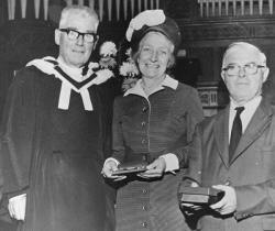 L to R: The Rev. F. L. McConnell - Minister of First Dromore Presbyterian Church, Miss Sadie Stronge - Sunday School Teacher and John McGrehan - Sunday School Superintendent.