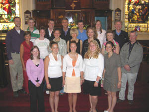 At the First Lisburn Presbyterian Church last Sunday morning are some of the volunteers who helped out all week at the Holiday Bible Club - 'Bodybuilders'. L to R: (front row) Jill Craig, Gillian St. John (Seattle WA), Kaitlyn Mather (Seattle, WA), Laura Rasmussen (Seattle, WA) and Amy Brackenridge. (second row) Joan Lunn, Gillian Bustard, Nikki Lunn, Michelle Haas (Seattle, WA), Susan Bennett (Seattle, WA), Christine Hatton (Seattle WA) and Fr. Peter Byrne (Portland, OR). (back row) Matt Craig - Director of Youth Ministries at First Lisburn, Michael Orr, Ashley Parks, Keith Lunn, Simon Watt, Katie Armstrong and Rev. Barry Keating (Seattle, WA). US33-753SP