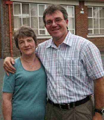 At the �Final Assembly� in Tullymacarette Primary School on Thursday 21st June are Playground and Dining Room Assistant Carol Jones (nee Curran) and her brother Errol Curran, who is the pupil�s popular football coach. 