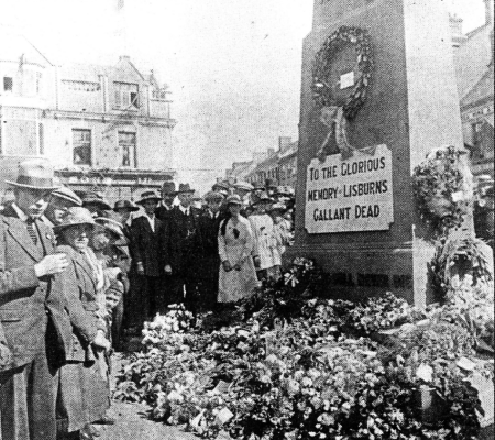 The wooden cenotaph erected in Market Square Peace Day celebrations in 1919.