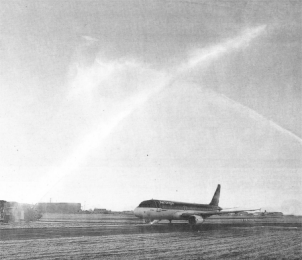 Belfast International Airport fire service wish the first Aer Lingus flight to Barcelona a fond farewell with water arches