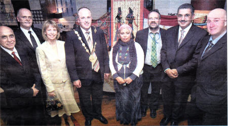 Mostafa Ragab (Chair of the Egyptian Assoc UK), Jim Rose (Director of Leisure Services), Mayoress Margaret Tinsley, Mayor James Tinsley, Afaf AIy (Chair of Egyptian Soc in NI), Ken Fraser(Head of Racial Equality for OFMDFM), Dr E Ghareeb, and PSNI Inspector Jeremy Adams at the Egyptian Society gathering in Lighters Restaurant US4207-402PM Pic by Paul Murphy