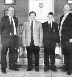 Vice Principal John Ferguson, Ken Farr one of the original class 01 1957, Year 8 pupil Christopher Davis formerly of Moira Primary School (one of three generations of his family to attend Lisnagarvey) and Headmaster Mr Jim Sheerin.