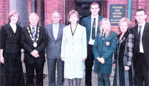 Friends School Principal Elizabeth Dickson, Mayor Trevor Lunn, Martin McAleese, President Mary McAleese, Head Boy Michael Pollock, Head Girl Holly Lyons, Mayoress Laureen Lunn and Chairman of the Governors Aidan Pearson. US2507-111A0