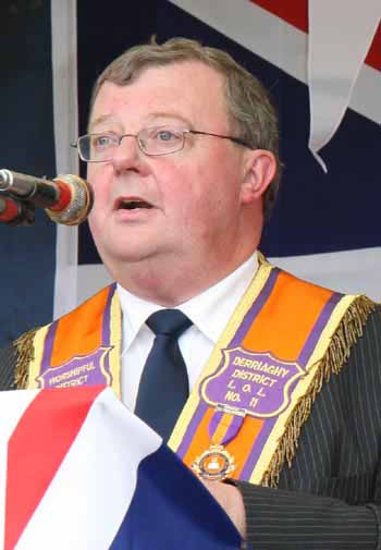 Bro Connor Gray (Worshipful District Master of Derriaghy LOL No 11) pictured during the platform proceedings at the �twelfth� demonstration field in Dunmurry.