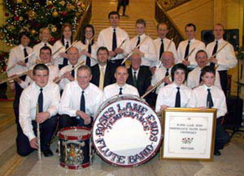 Roses Lane Ends Temperance Flute Band pictured at Stormont.  L to R: (front row) Mark Ross, Kenneth Totten, John Stewart, Reuben Hanna and Gregg Hanna.  (second row) David Steele, Roy Wilson (Secretary), Lagan Valley MP Jeffrey Donaldson, Alwyn Totten (Conductor), Sandy Wilson (Chairman) and Gary Shields. (back row) Zoe Montgomery, Carolyn Hunter, Alison Walker, Nicola Hull, Gareth Murray, Adam Higginson, David Cummins, Allen Yarr and Nigel Wilkinson.