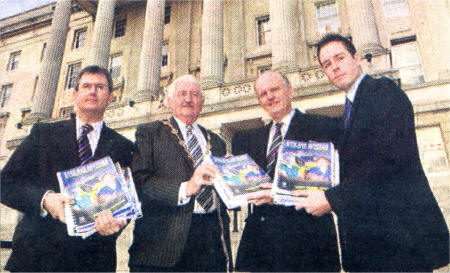 Alderman Jeffrey Donaldson, The Mayor, Councillor Ronnie Crawford and Chairman of the Corporate Services Committee, Councillor Paul Givan, hand over the petition to Health Minister, Mr Michael McGimpsey.