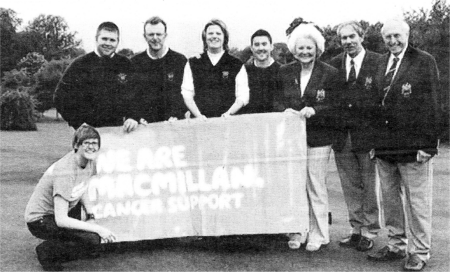 Emma Rea (Fund-raising Manager Macmillan Cancer Care), Michael McGuire, Gareth Colhoun, Martin Cleland, Michael Malone, Mrs Margaret Allen (Lady Captain Belvoir Park Golf Club), Mr Keith Harper (Captain Belvoir Park Golf Club), and Mr Stewart Johnston (President Belvoir Park Golf Club)