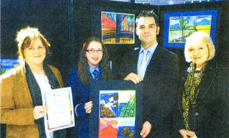 Pictured at the presentation of Translink's Ulster in Bloom Art Competition prizes is international acclaimed artist Rita Duffy from Belfast. Aoife McGivern from Rathmore Grammar who was awarded Highly Commended in the year 9 category, Sean McGreevy, Acting Special Services Manager an Veronica Palmer Chairman. This year's theme was David Hockney.