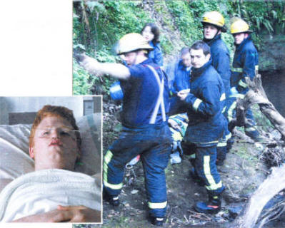 Rescue workers bring Cillein Collins to safety after he fell 100 ft at Colin Glen Forest Park and Cillein recovering in hospital from his ordeal. Pics by Donal Collins.