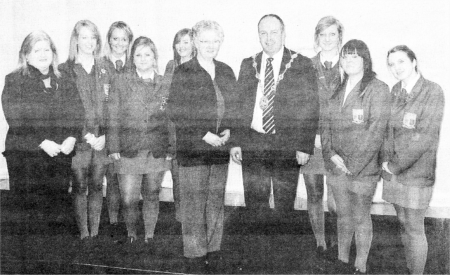 Hunterhouse College pupils with teacher Mrs Walker, principal Mrs Clark and Lisburn Mayor James Tinsley.