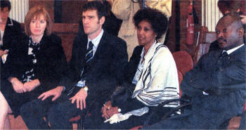 The Principal of Friends Mrs Elizabeth Dickson on the left and the President on the right listen to some of the presentations by pupils