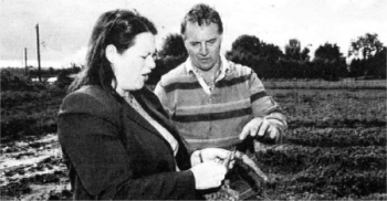 Minister Michelle Gildernew views the effects of the recent flooding on crops at the farm of John Sloane near Lisburn.