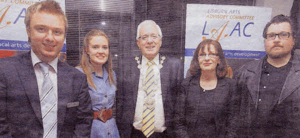 Catherine Keenan, Norma Doyle and Rik Peel, winners of the Anna Cheyne Visual Art braid with Lisburn Mayor Alan Ewart and Richard Yarr of the Lisburn Arts Advisory Committee. US4009-101A0