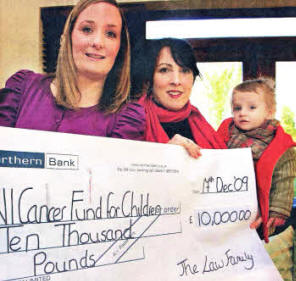 Dawn Weir of the Northern Ireland Cancer Fund for Children receiving a cheque of f10,000 from Cathy Law and her son Tom. US5109-103A0