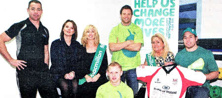 At the launch of the Macmillan Caner Support fundraiser at Andy Ward Leisure are Andy Ward, Wendy Ward, Rosaleen McAtamney (Macmillan Caner Support), Nelson Russell (Andy Ward Leisure), Bryn Cunninghan (Ulster Rugby), Glynis Shilliday (Macmillan Caner Support), and Isaac Boss (Ulster Rugby). Pic by John Dickson. 