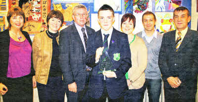 L-R Mrs Margaret McCormick (Vice-Principal) Mrs Marion Getty (Principal) Stanton Sloan (Chief Executive SEELB) Ryan Adams, Clare McQuade, Michael McQuade and Wayne Adams.