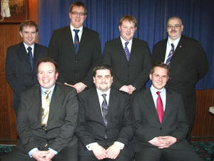 Newly installed Worshipful District Master Bro Dr Jonathan Mattison (centre at front) pictured with visiting brethren and friends at the installation of Lower Iveagh LOL No 1 District Office Bearers in Dromore Orange Hall last Wednesday evening (14th January).