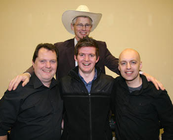 L to R: Colin Slaine, Andrew Cornett and Kenny Qua of Stonewall, a musical group from Co Armagh and Dungannon comedian and yodeller Kenny Archer (back) provided the excellent entertainment. 