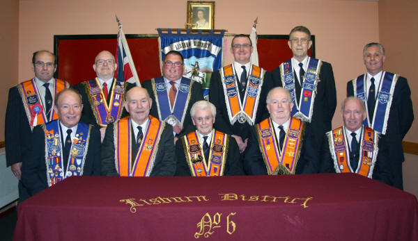 Lisburn District LOL No 6 Past District Masters pictured at a re-union meeting in Lisburn Orange Hall on Monday 25th May. L to R: (front row) Worship Brothers Sandy Tolerton (1984-1985), Jim Ferguson (1988-1989), George Morrison (1990), John Burliegh (1991-1992) and Henry Smyth (1994). (back row) John Palmer (1995-1996), Adrian McCutcheon (1997-1998), Declan Harrison (1999-2000), Jonathan Beattie (2001-2002), Tom Harrison (2003-2004) and Robert Orr (2005-2007).