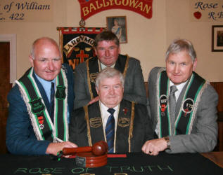 Newly installed Worshipful District Master of Largymore No 9 District, Sir Knt Tom Wilkinson, is congratulated by three of his brothers, Roger, William and David all members of 