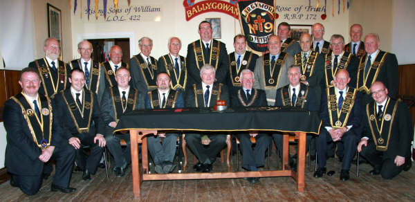 Newly installed office bearers and visiting Sir Knights pictured at the installation of Largymore No 9 District office bearers in Ballygowan Orange Hall 