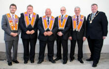 L to R: Brothers - Lagan Valley MP Jeffrey Donaldson, Robert Forsythe (District Secretary), Kenneth Hull (Worshipful District Master), Roy Douglas (Deputy District Master), Wilfie Brown (Past District Master) and Alderman Paul Porter (Deputy Mayor).