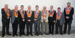 L to R: Brothers - Malcolm Hill (Past District Master), Arthur Graham (District Secretary), Maurice Kirkwood (Deputy County Grand Treasurer), Connor Gray (Worshipful District Master), Lagan Valley MP Jeffrey Donaldson, District Committee members - Norman McMaster, Gary Campbell, David Johnston and Mark Hill.