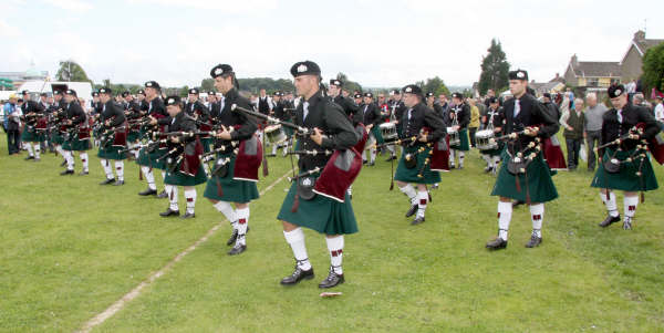 St Laurence O’Toole Pipe Band from Dublin enter the arena for their final performance in the Grade 1 event of the All Ireland Pipe Band Championships in Lisburn last Saturday (4th July).
