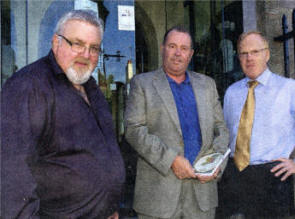 At the launch of Alister McReynold's new book 'Legacy The Scots Irish in America' are Alister, Professor John Wilson, and publisher Dr Samuel Lowry US2509-406PM Pic by Paul Murphy