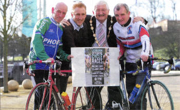 From left, Dermot Hughes, Phoenix Cycling Club, Sean Kelly, former World Number One cyclist, Mayor of Lisburn Councillor Ronnie Crawford and Phil Holland, Maryland Wheelers launch the Lisburn City Centre Cycle Races.