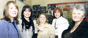 Gillian Sloane (nee Wilson), Arlene Greenaway (nee Johnston), Audrey Roberts and Lorraine Bradley (nee Wethers) with former geography teacher Mrs Margaret Kyle (nee Russell). US0509-505cd