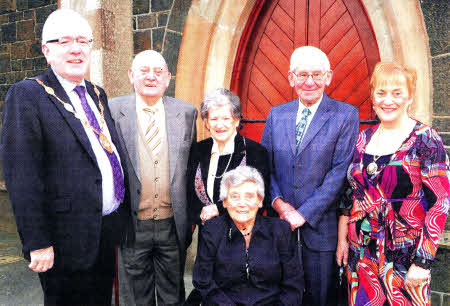 Lisburn Mayor Councillor Allan Ewart and his wife Denise with founder pupils Jack Curry, wartime bride Florence Dieckman (nee Heasley), Norman McMaster and Isa Curry (front) at the service in Christ Church.
	