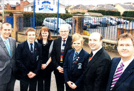 Edwin Poots, Paul Stewart and Jeffrey Donaldson with Dromore High School's Head Boy Simon McCracken, Winifred Herron Vice Principal, John Wilkinson Principal and Robyn McKee Head Girl at Dromore High School. US1110-134A0