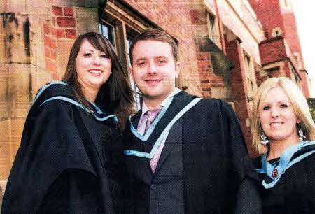 Kimberly Thompson (left) from Ballinderry, her fiancé David Watters from east Belfast, and her sister Gail Thompson all graduated in Nursing at Queen's School of Nursing and Midwifery graduation ceremony.