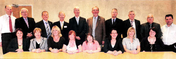 Back Row L-R : Alan Clarke, Allan Ewart, Chartie Mack, Sir Clive Booth, David Mann, Walter Rader, Paddy McKibbin, Gordon Moore, Barry Macaulay, Andrew Murdock. Front row L-R : Cllr Jenny Palmer, Lady Margaret Booth, June Best, Geraldine Dougal, Katie Leach, Claire Patience, Karen Toogood, Kathryn McCamley.