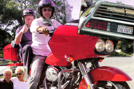 Jackie and Frank on the Hartey Davidson and inset Frank's DeLorean — with a familiar number plate.