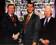 The Mayor, Alderman Paul Porter, Environment Minister Edwin Poots and Desmond Magill, Chairman, Lisburn Enterprise Organisation, at LEO's 20th birthday celebrations.