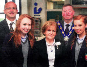 Wallace High School Deputy Head Mr Alastair Craig, Wallace pupils Rachel Logan and Louise Lowry with Holocaust survivor and Deputy Mayor Paul Porter. US2310-117A0