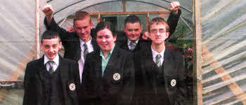 Some of the Year 11 pupils - Peter Stewart, Ernest Kinski, Amy McStravick, Daniel Temple and Christopher Lynas in their poly tunnel.
	