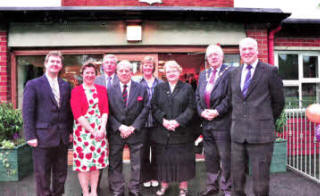 At Seymour Hill Primary School for their 50th Anniversary event are MP Jeffrey Donaldson, Catherine Charley, Stanton Sloan SEELB, Col Robin Charley, Mrs Irvine Chair of Board of Governors, Or Margaret Tolerton, Mayor Allan Ewart, and principal Norman Meharry US2210-408PM