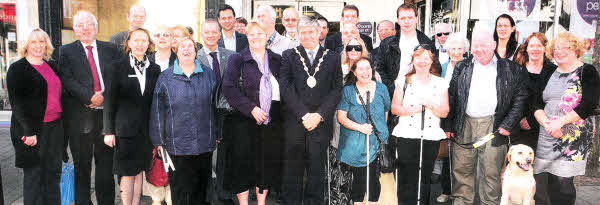 Chief Executive, RNIB - Lesley-Anne Alexander with Lisburn Mayor Brian Heading launching the new React system in the city centre. US4011-102A0