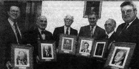 Joe Kennedy (thlrd from left) who made frames for and presented portraits of former principals, the first five of which he served under from 1937-1982. At the presentation in June 1994 are L to R: Dr John Williams (Vice chairman board of governors), Alderman Samuel Semple (Chairman), John Montgomery (Vice-principal), Griffith Black (Governor) and Alister McReynolds (Principal).